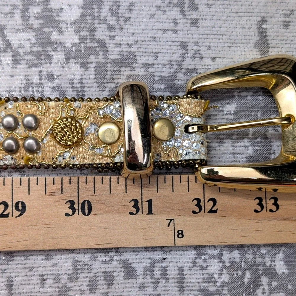Vintage Gold Lace Silver Glitter Studded Western Boho Belt Gold Buckle 32.5in